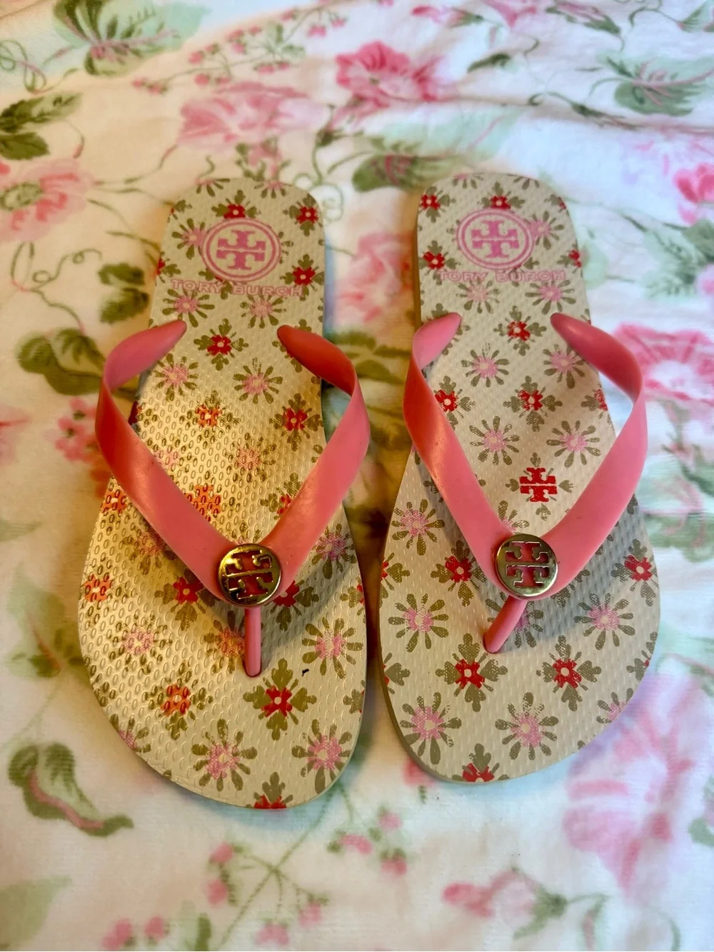 Tory Burch Pink Floral Flip Flop Sandals with Gold Logo Medallion